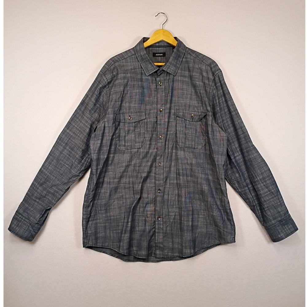 Alfani Mens XL Blue Grey Crosshatch Textured Long Sleeve Button Down Shirt